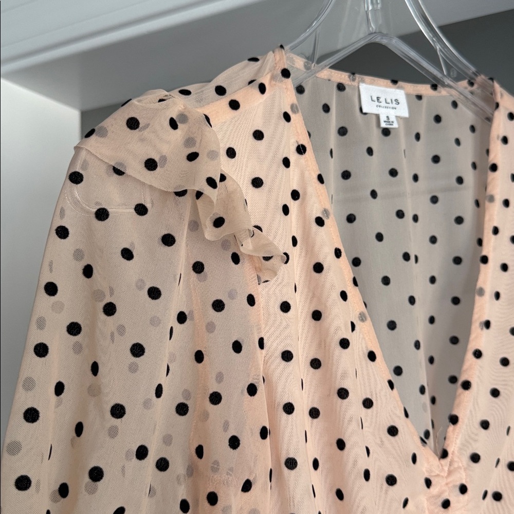 LE LIS Polka Dot Sheer Puff Sleeve Top - Peachy Tone Cream and Black - Picture 2 of 6